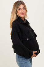 Black Contrast Reversed Fleece 1/4 Zip Maternity Pullover