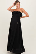 Black Ruffled Chest Pleated Maternity Maxi Dress With Self Tie