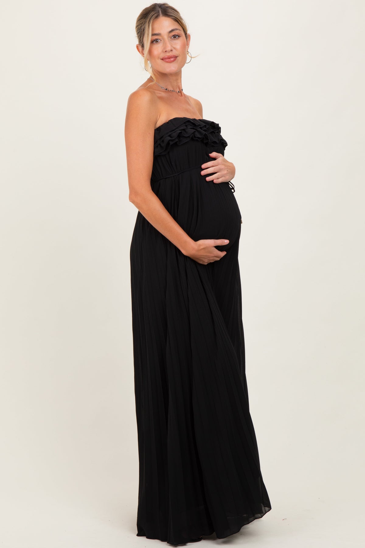 Black Ruffled Chest Pleated Maternity Maxi Dress With Self Tie