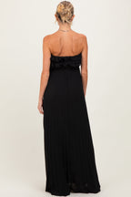 Black Ruffled Chest Pleated Maternity Maxi Dress With Self Tie