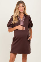 Brown Plaid Accent Puff Sleeve Maternity Mini Dress