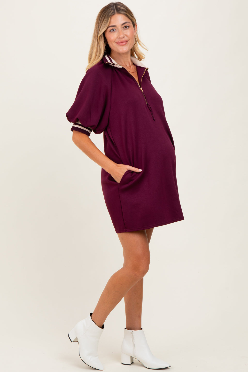 Plum Half Zip Puff Sleeve Maternity Mini Dress