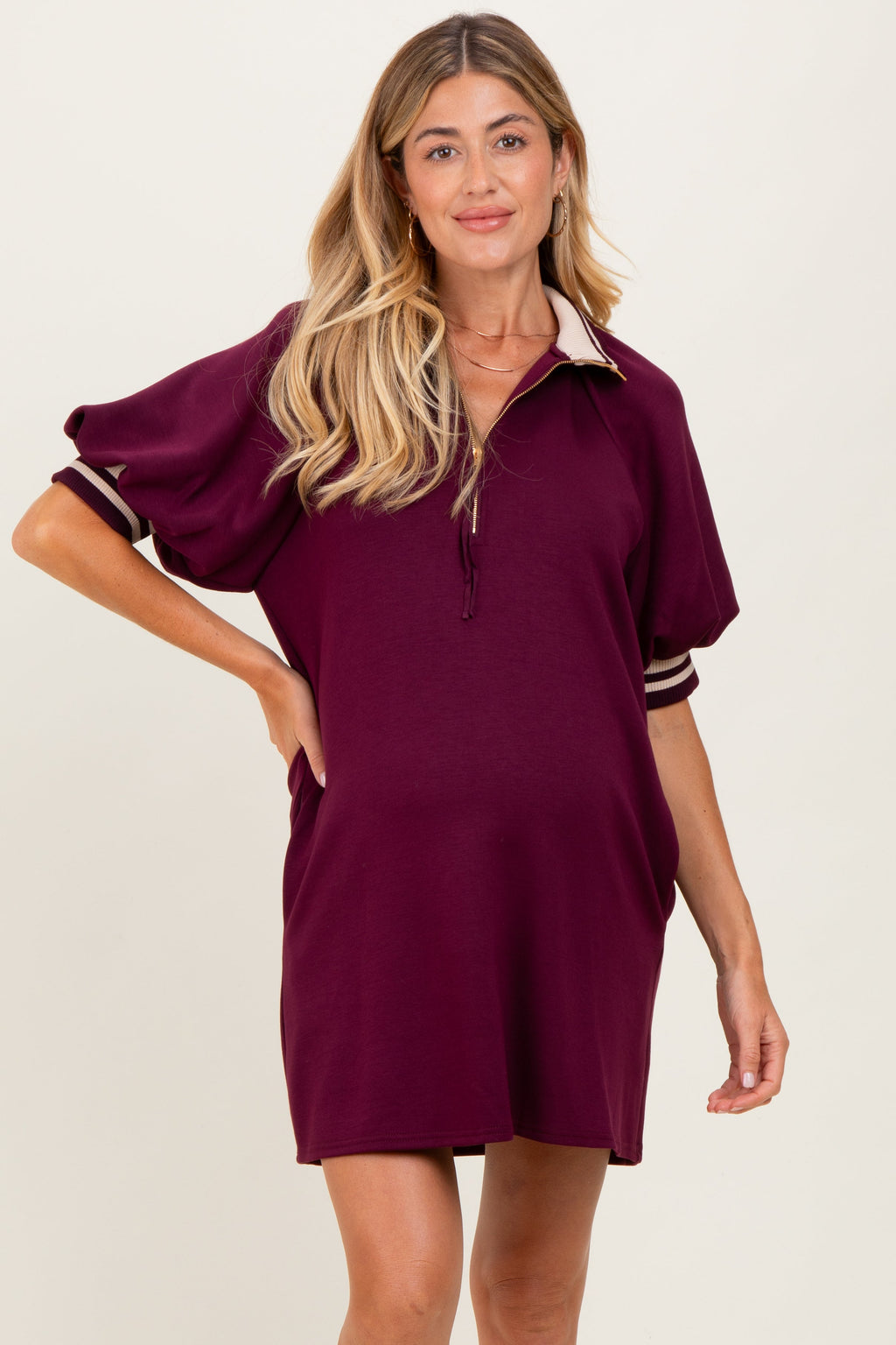 Plum Half Zip Puff Sleeve Maternity Mini Dress