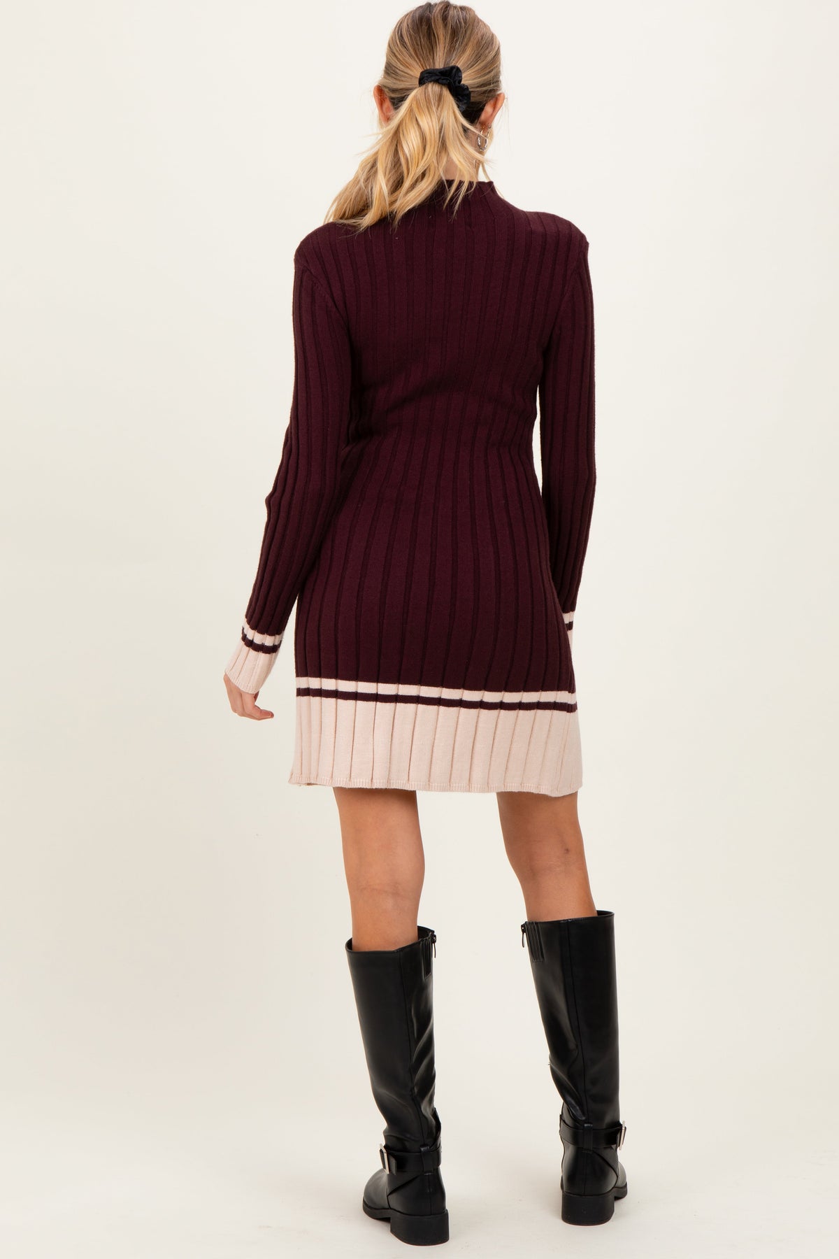 Burgundy Ribbed Contrast Hem Maternity Sweater Dress