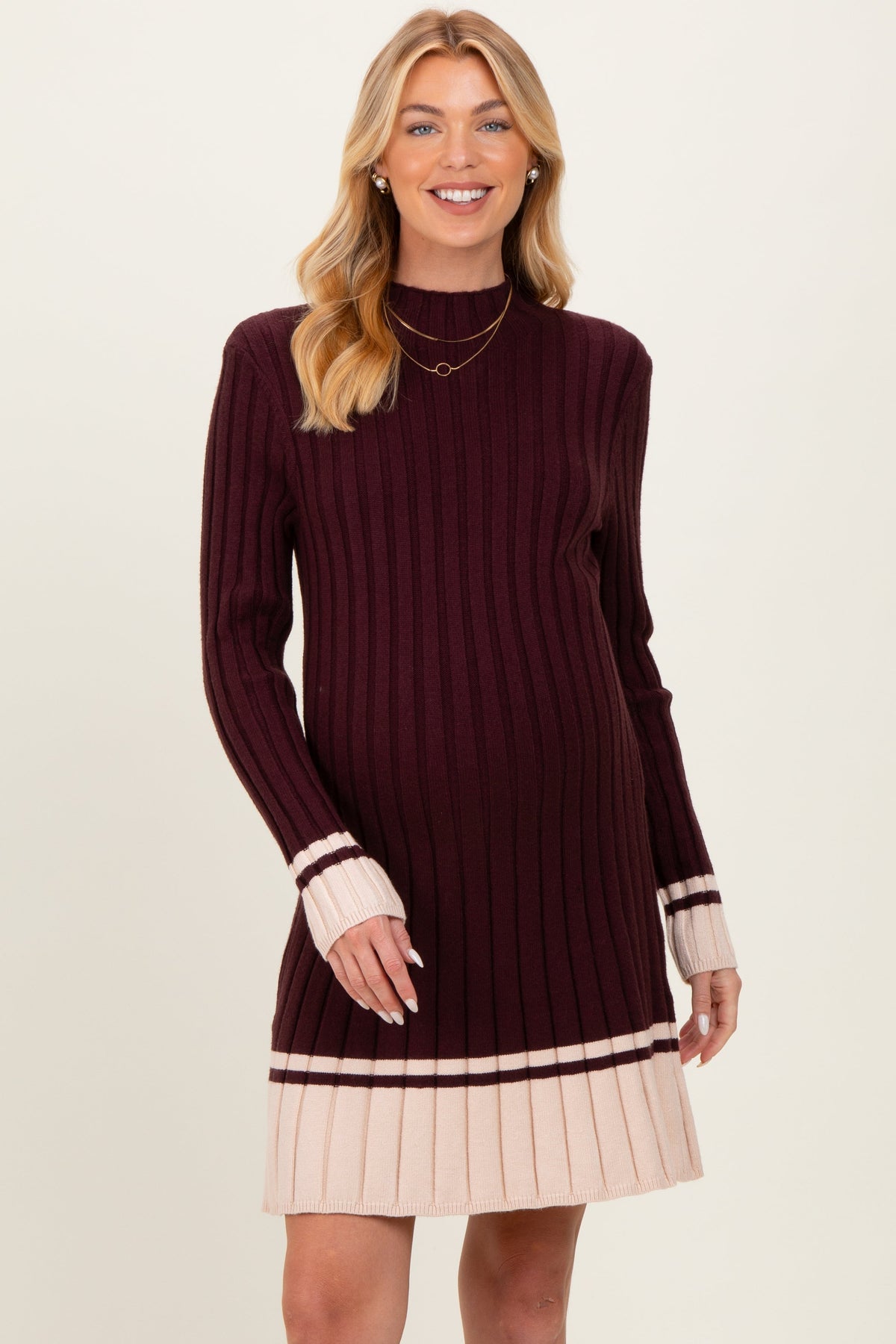 Burgundy Ribbed Contrast Hem Maternity Sweater Dress