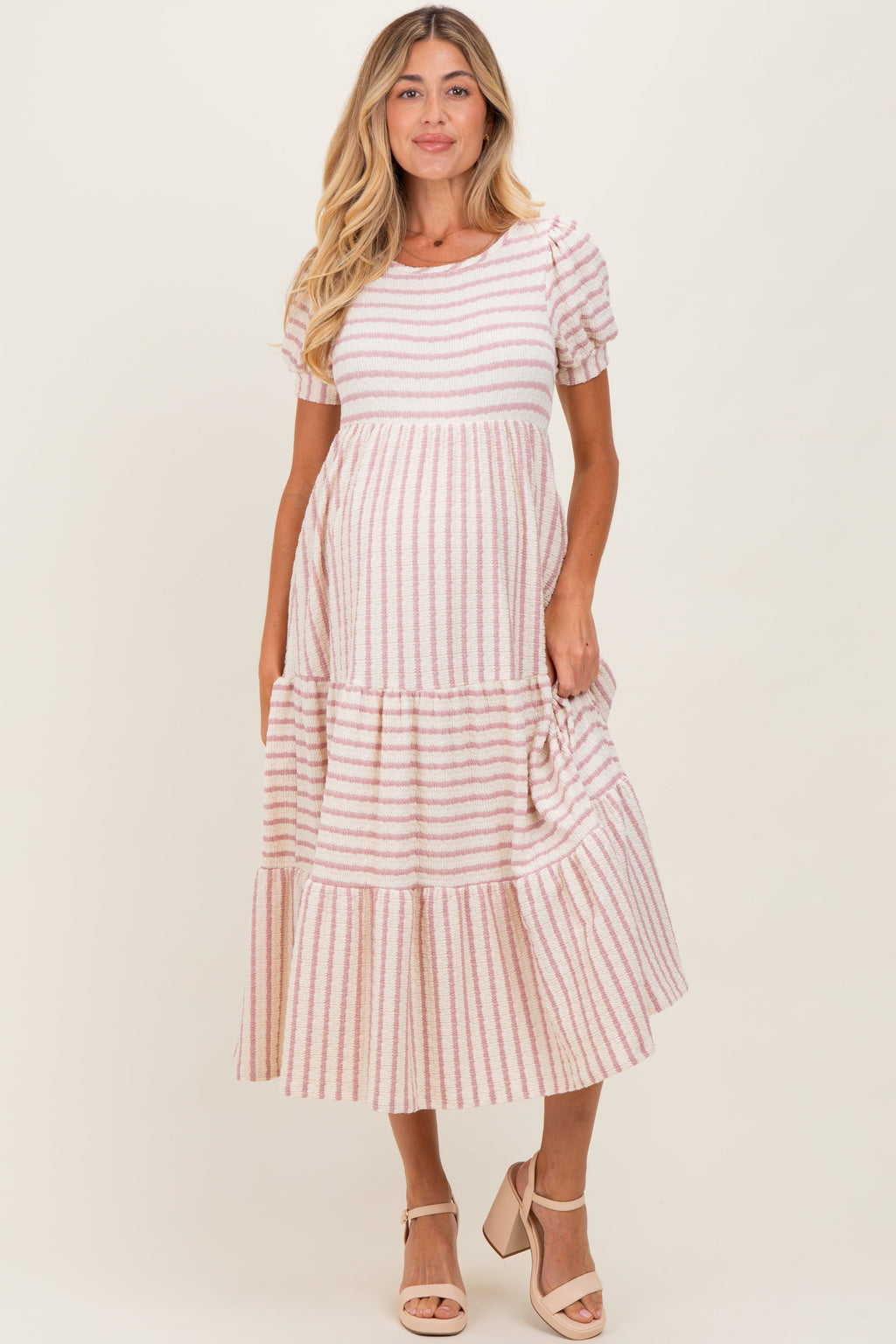 Cream/Mauve Striped Short Sleeve Tiered Maternity Maxi Dress