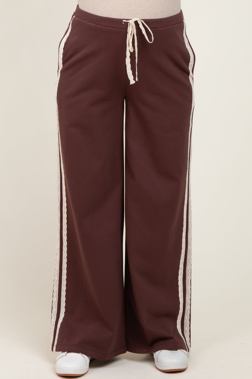 Brown Lace Stripe Drawstring Maternity Lounge Pants