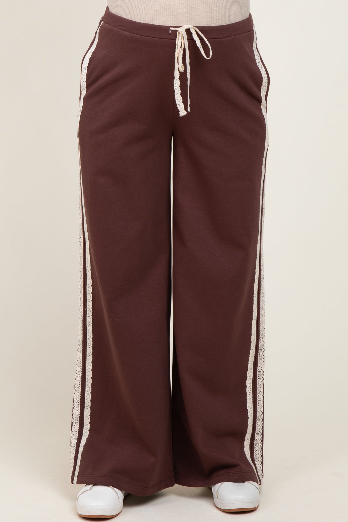 Brown Lace Stripe Drawstring Maternity Lounge Pants