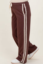 Brown Lace Stripe Drawstring Maternity Lounge Pants