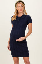Navy Cable Knit Maternity Polo Sweater Dress