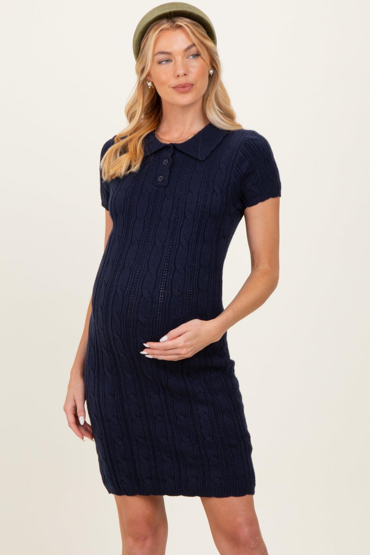 Navy Cable Knit Maternity Polo Sweater Dress