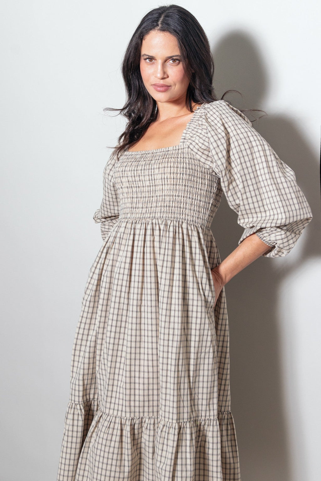 Beige Plaid Smocked Puff Sleeve Maternity Midi Dress