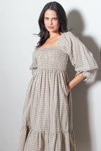 Beige Plaid Smocked Puff Sleeve Maternity Midi Dress