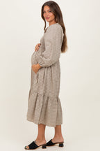 Beige Plaid Smocked Puff Sleeve Maternity Midi Dress