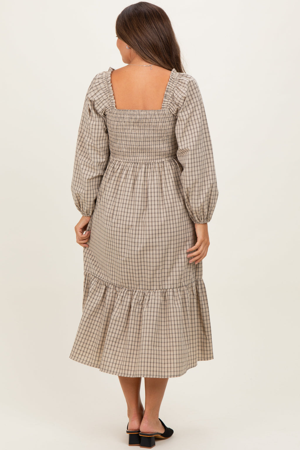 Beige Plaid Smocked Puff Sleeve Maternity Midi Dress