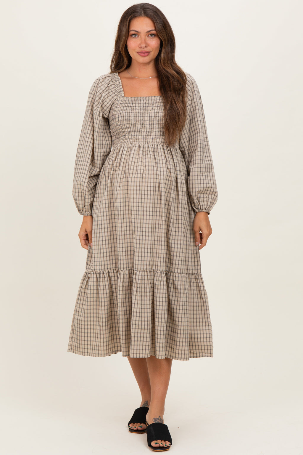 Beige Plaid Smocked Puff Sleeve Maternity Midi Dress