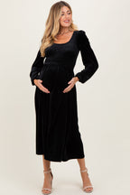 Black Velvet Smocked Long Sleeve Maternity Midi Dress
