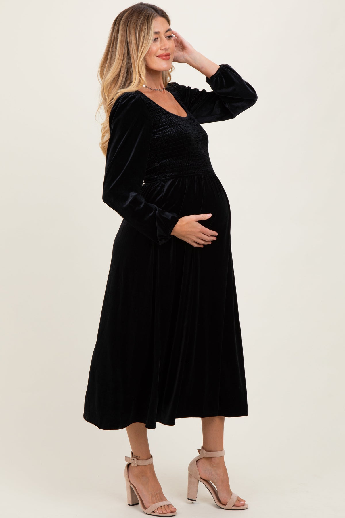 Black Velvet Smocked Long Sleeve Maternity Midi Dress