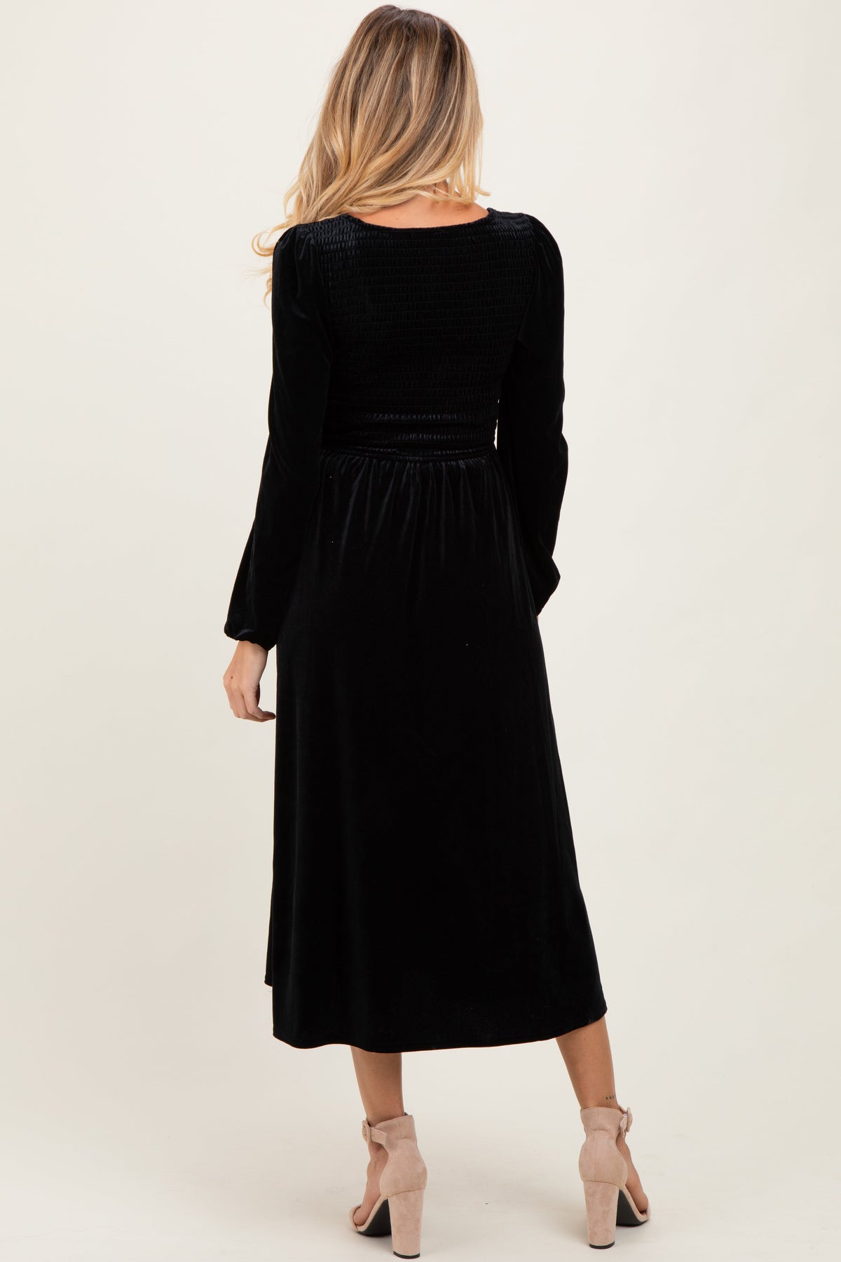 Black Velvet Smocked Long Sleeve Maternity Midi Dress