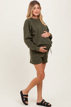 Olive Fleece Sweatshirt Shorts Maternity Set