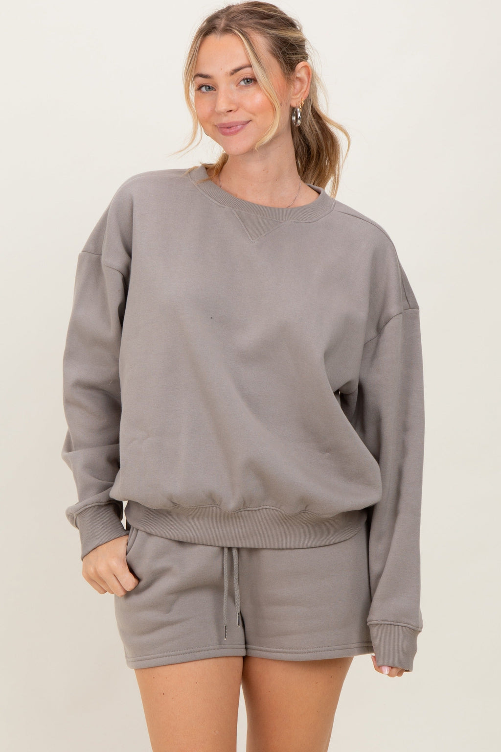 Taupe Fleece Sweatshirt Shorts Maternity Set