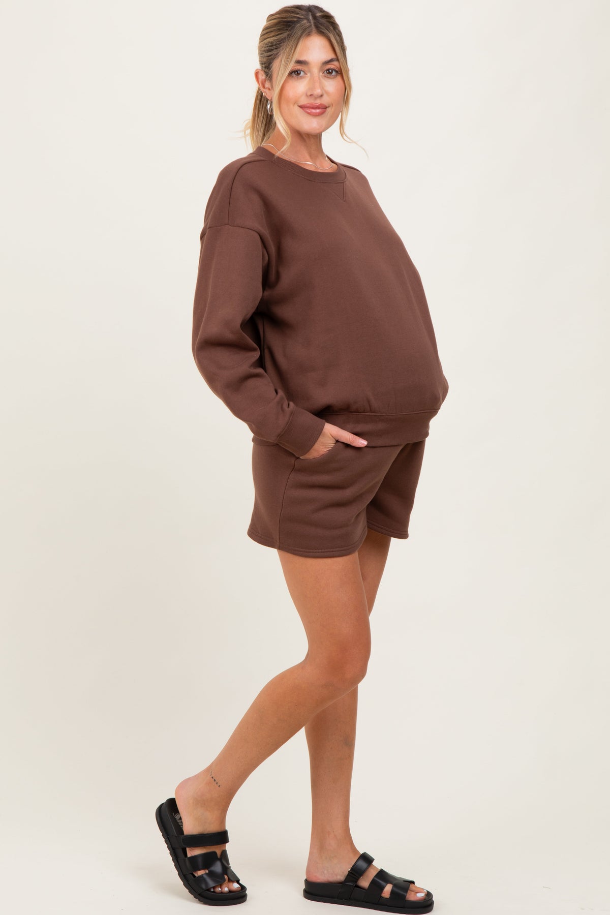 Brown Fleece Sweatshirt Shorts Maternity Set