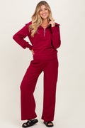 Burgundy RIbbed Half Zip Pullover Wide Leg Pant Maternity Set
