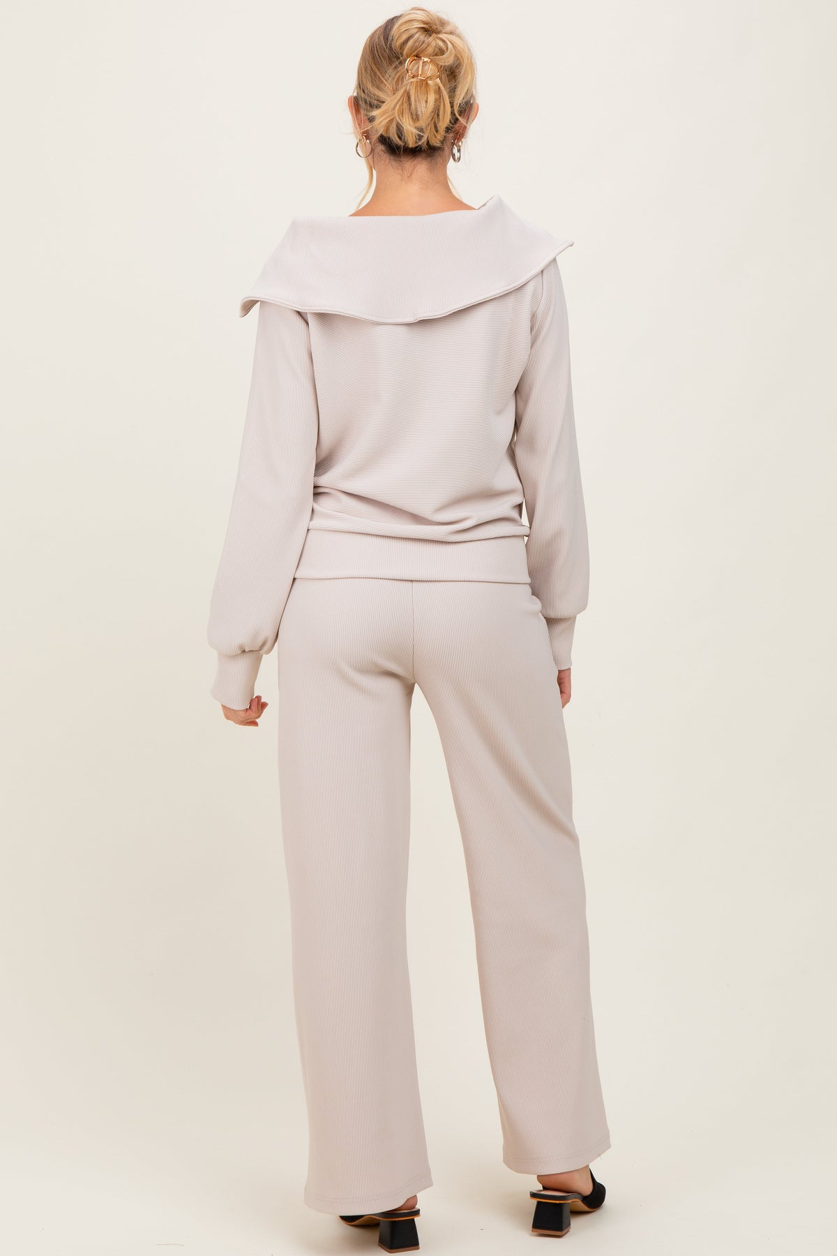 Cream RIbbed Half Zip Pullover Wide Leg Pant Maternity Set