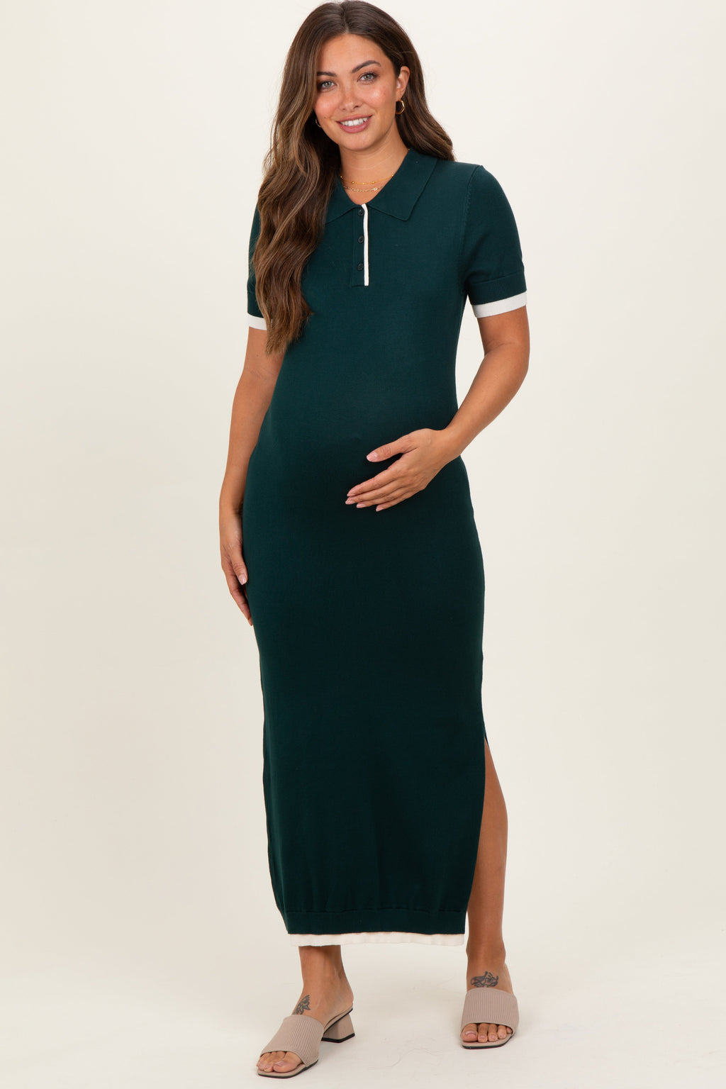 Dark Green Sweater Side Slit Maternity Midi Dress