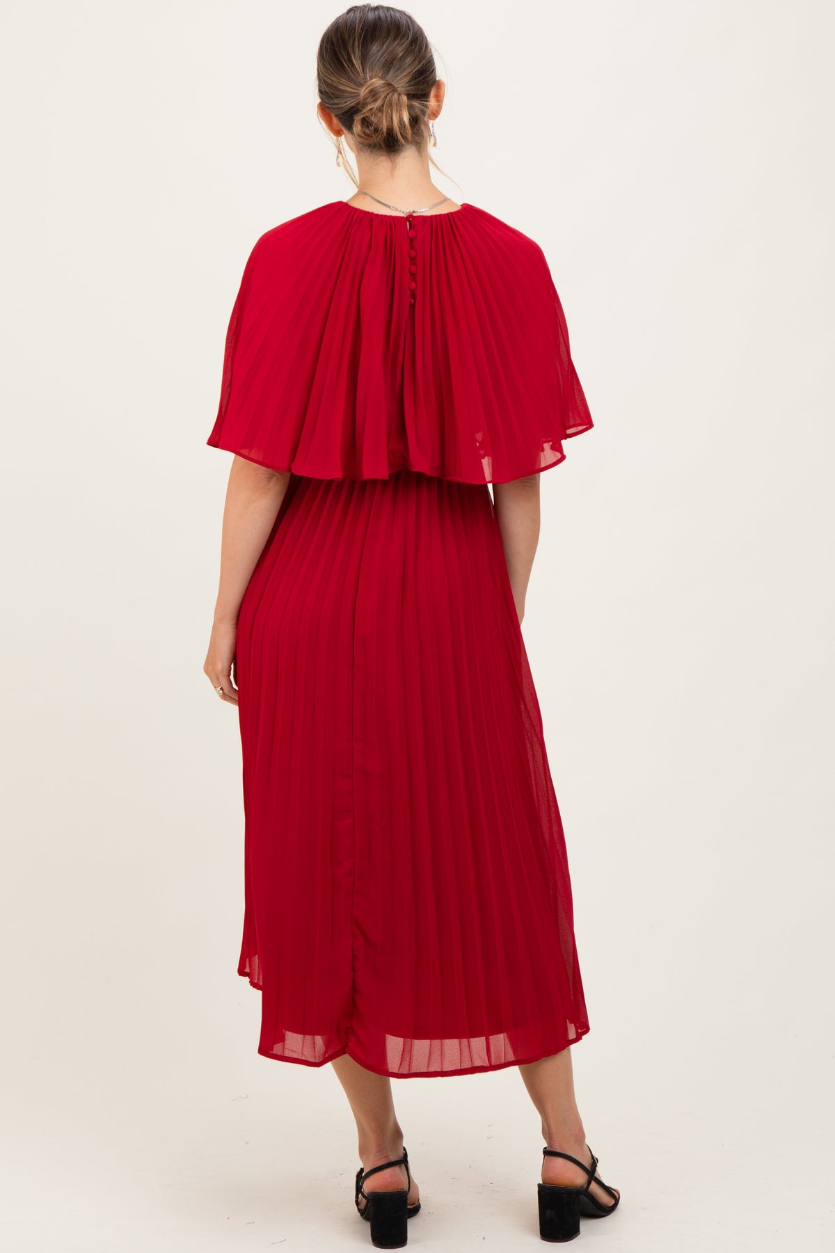 Burgundy Pleated Cape Maternity Midi Dress