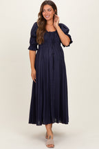 Navy Smocked Ruffle Square Neck Maternity Midi Dress