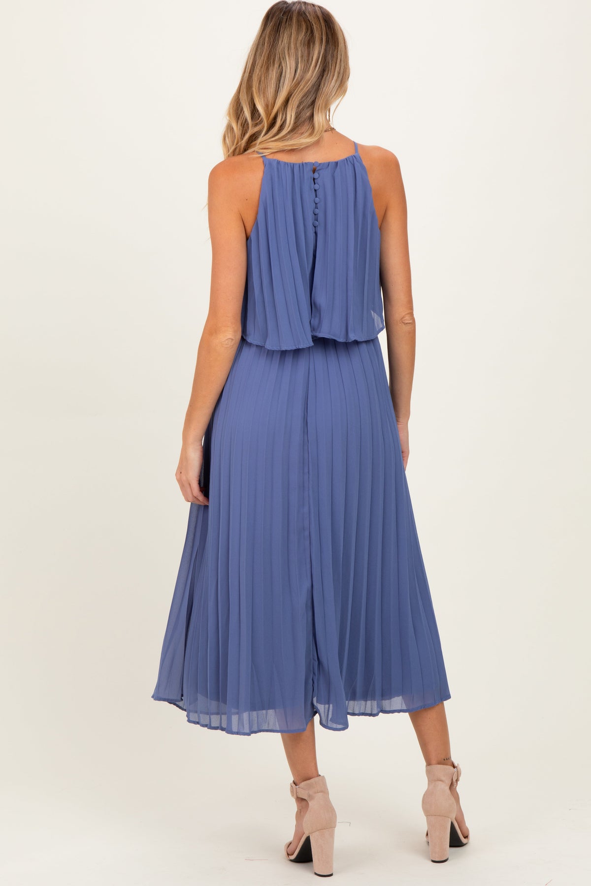 Light Navy Pleated Woven Maternity Midi Dress