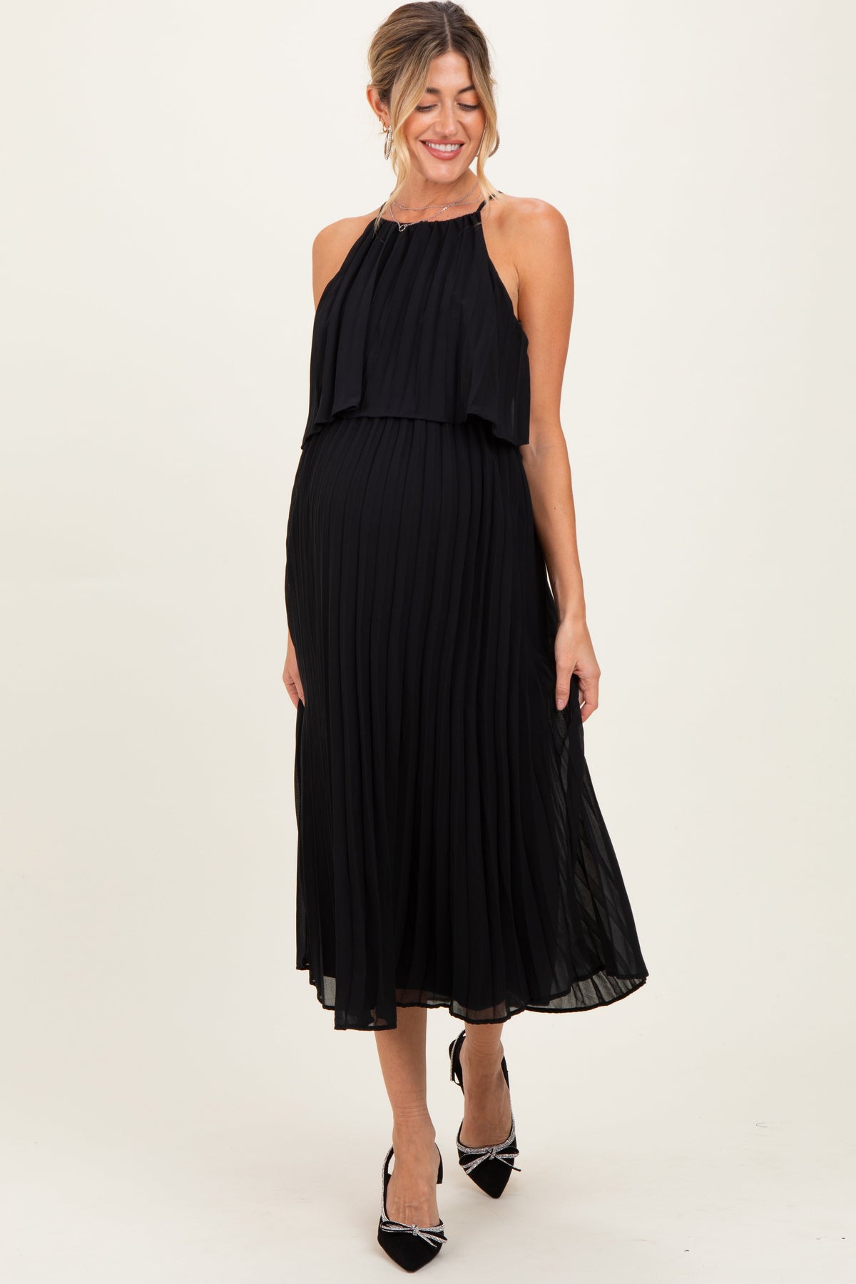 Black Pleated Woven Maternity Midi Dress