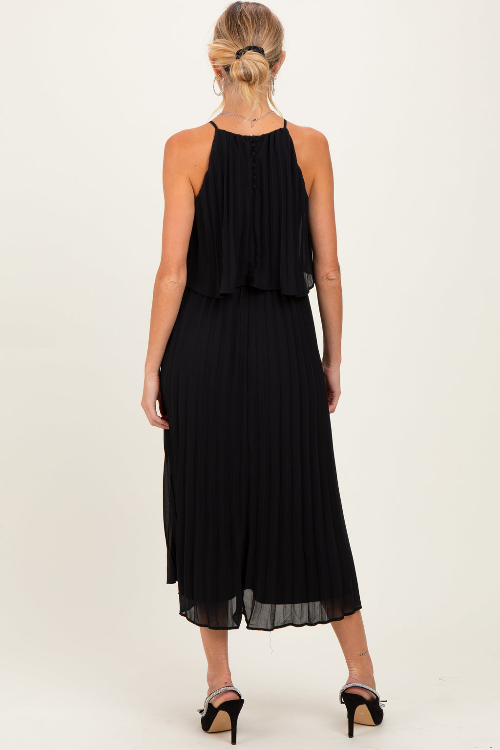 Black Pleated Woven Maternity Midi Dress