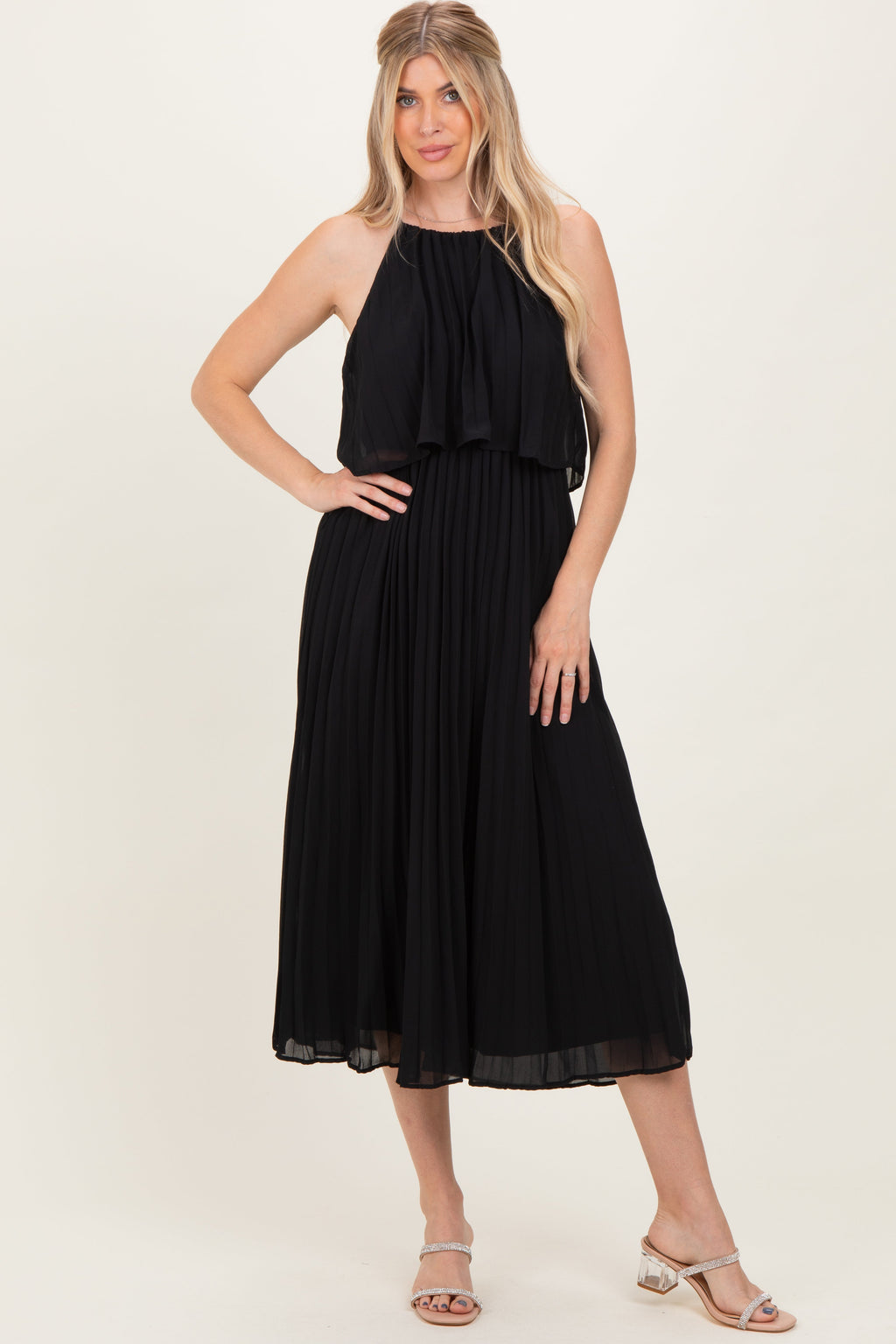 Black Pleated Woven Maternity Midi Dress