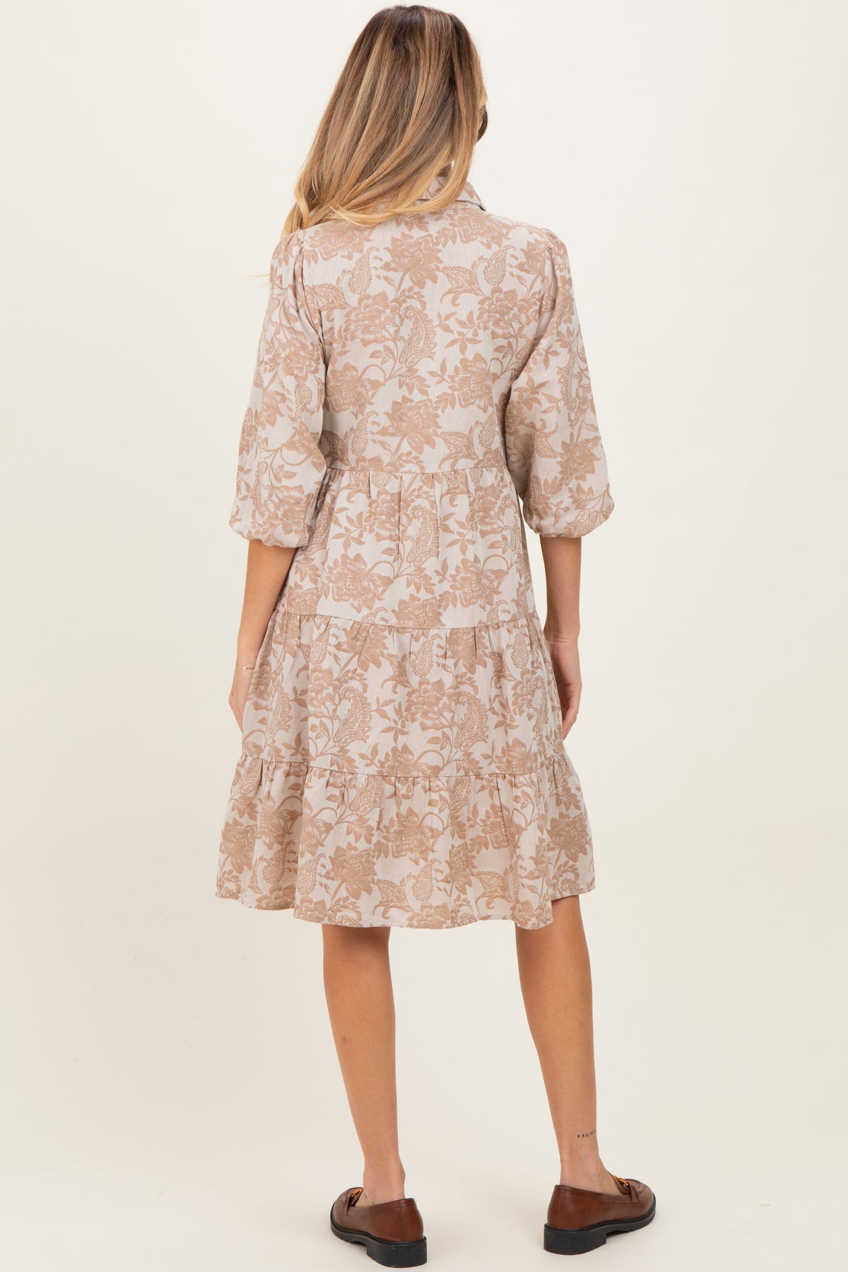 Beige Floral Button Down 3/4 Sleeve Maternity Midi Dress