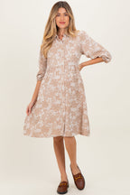 Beige Floral Button Down 3/4 Sleeve Maternity Midi Dress