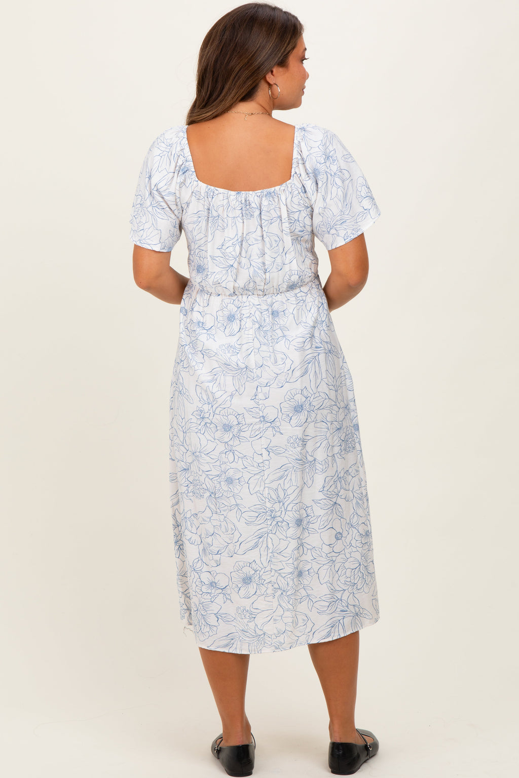 Off White Blue Floral Maternity Dress With Pockets