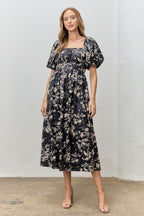 Black Floral Puff Sleeve Smocked Waist Maternity Midi Dress