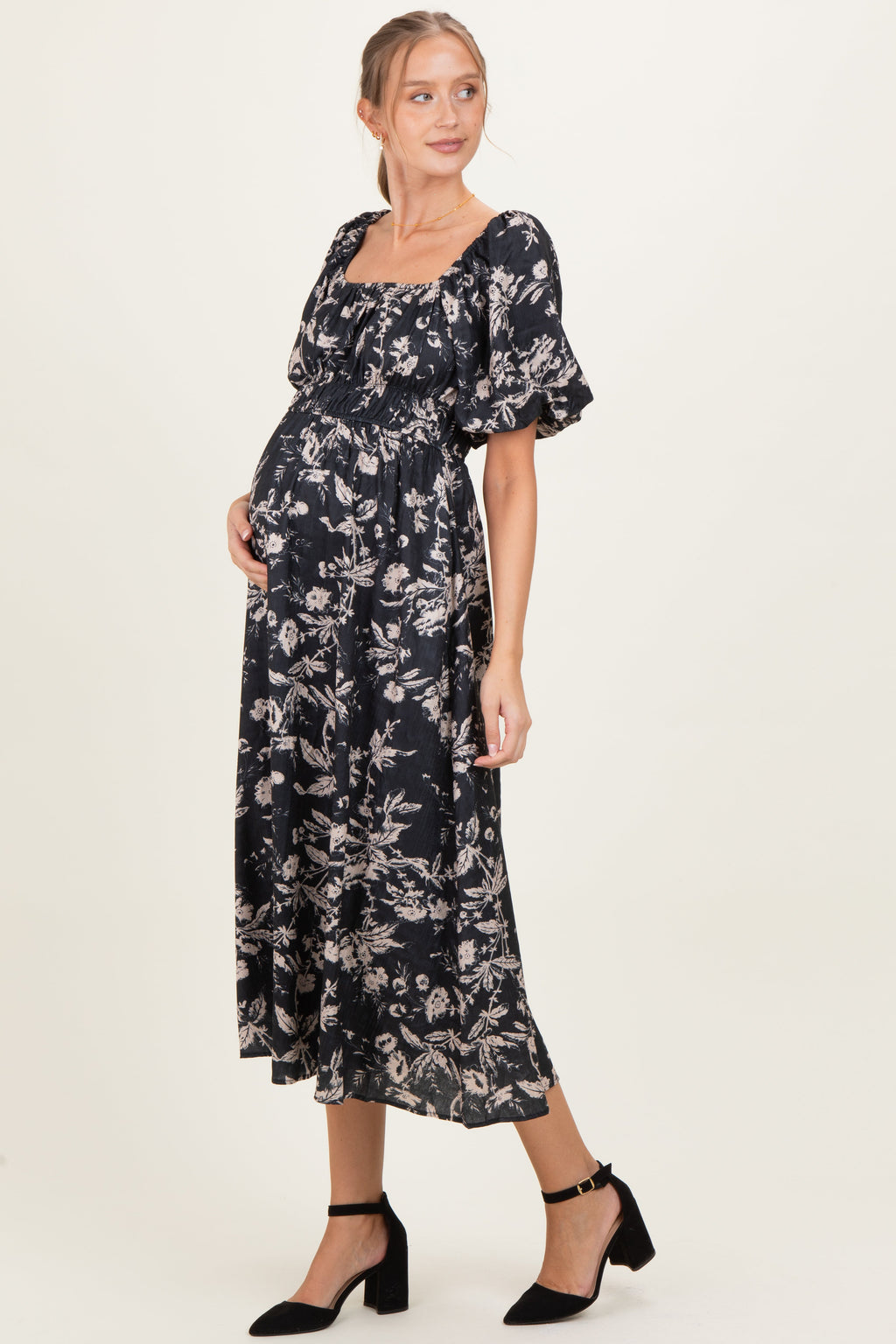 Black Floral Puff Sleeve Smocked Waist Maternity Midi Dress