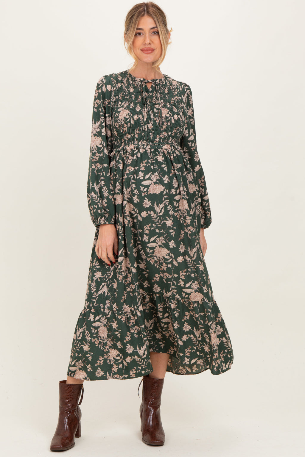 Green Floral Smocked Long Sleeve Maternity Midi Dress
