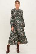 Green Floral Smocked Long Sleeve Maternity Midi Dress