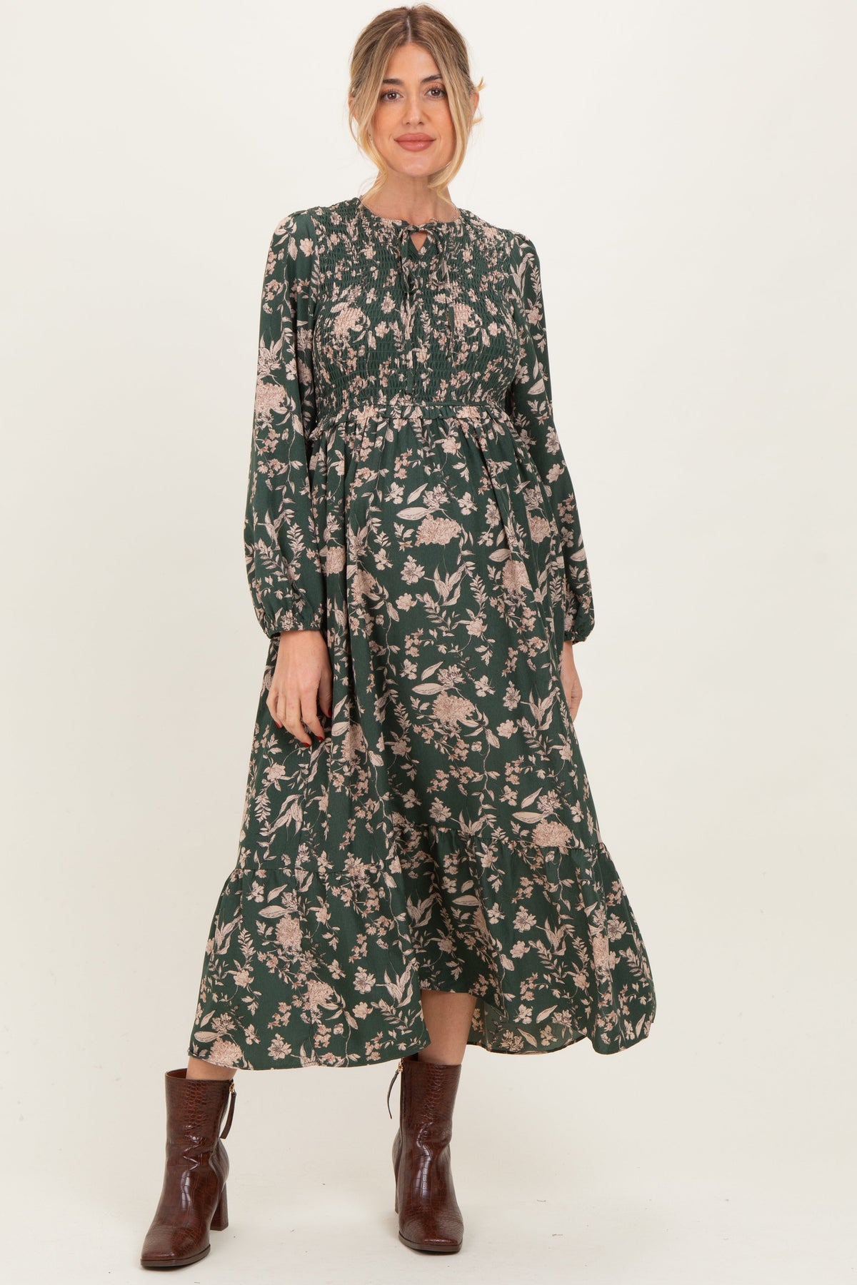 Green Floral Smocked Long Sleeve Maternity Midi Dress