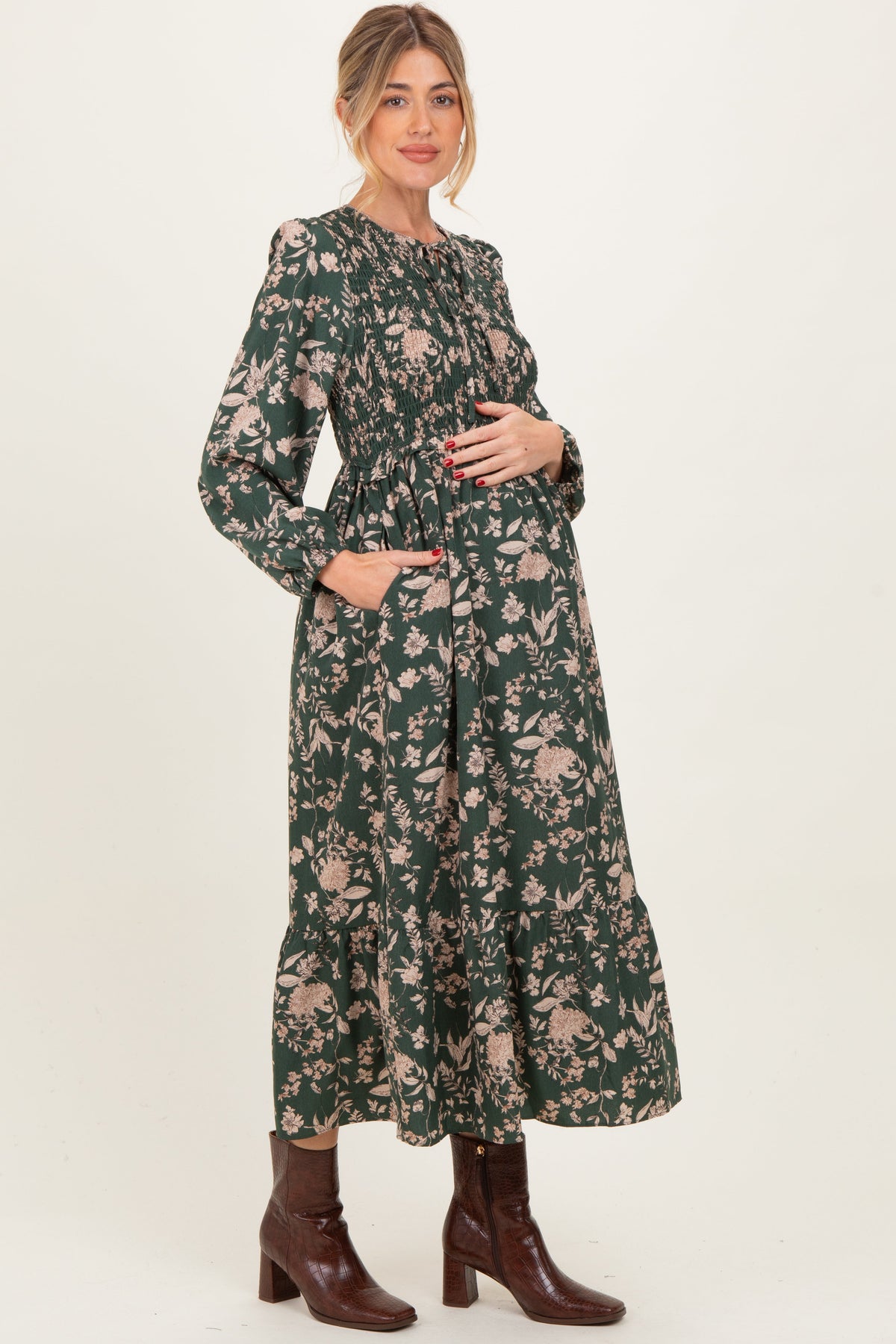 Green Floral Smocked Long Sleeve Maternity Midi Dress