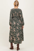 Green Floral Smocked Long Sleeve Maternity Midi Dress