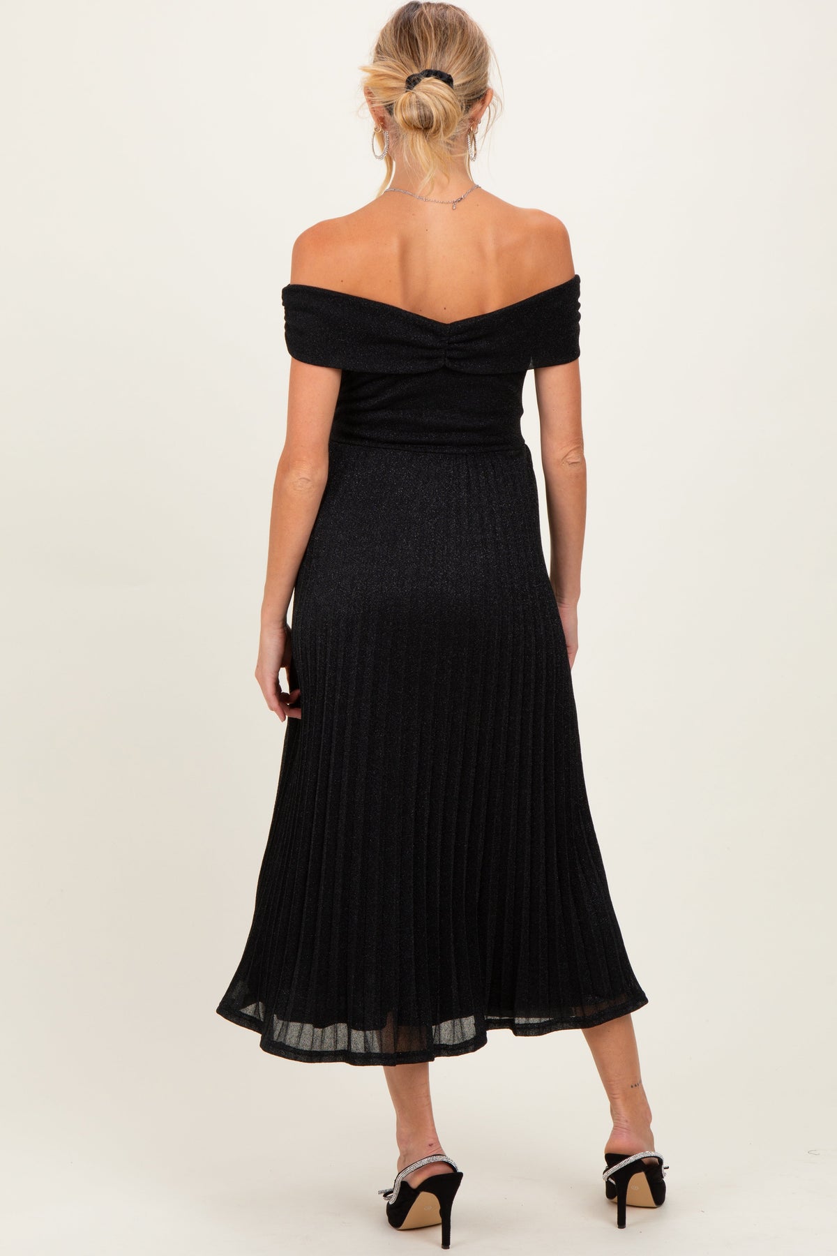 Black Shimmer Off Shoulder Pleated Maternity Midi Dress
