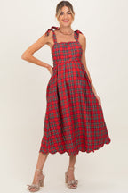 Red Plaid Shoulder Tie Scallop Hem Maternity Midi Dress