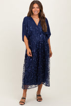 Navy Embroidered Tulle Dolman V-Neck Maternity Midi Dress