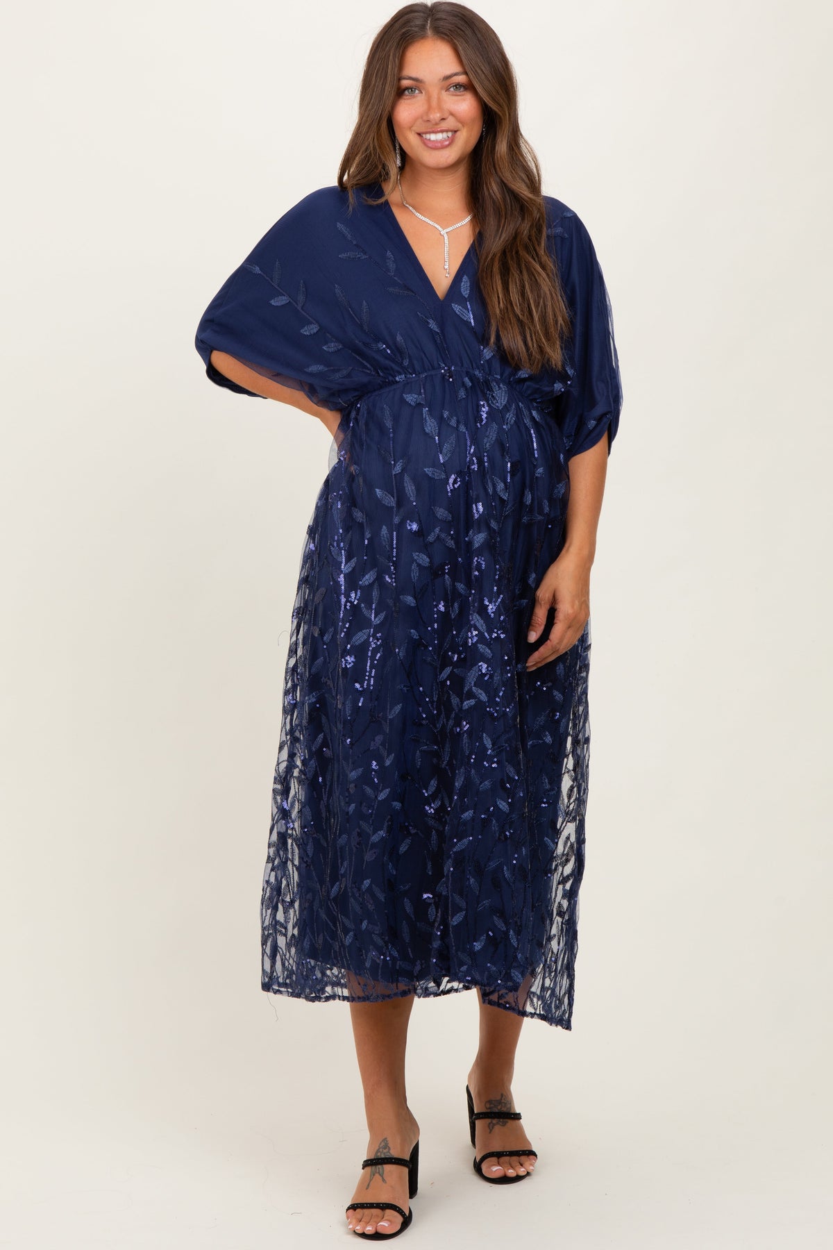 Navy Embroidered Tulle Dolman V-Neck Maternity Midi Dress
