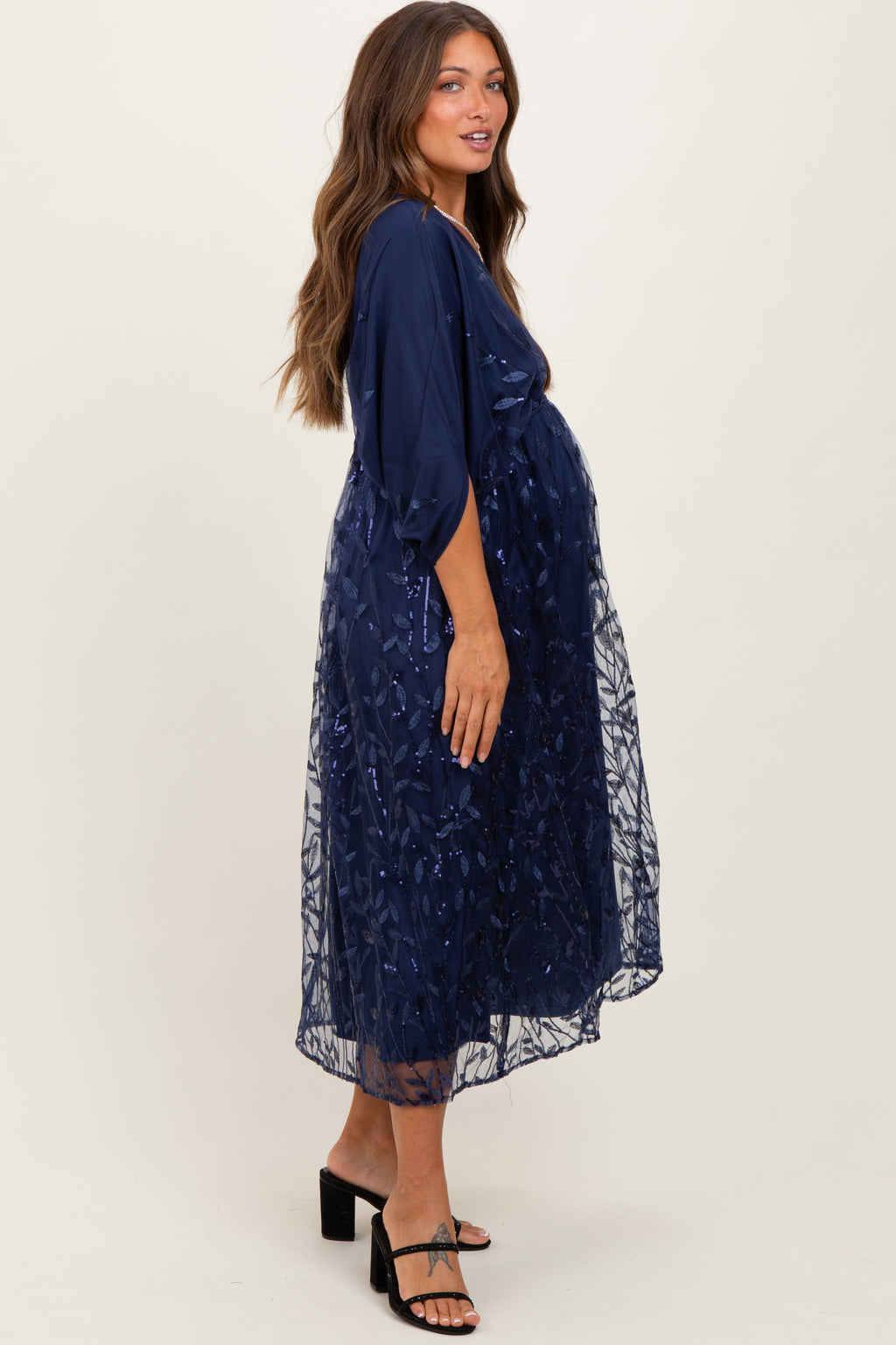 Navy Embroidered Tulle Dolman V-Neck Maternity Midi Dress